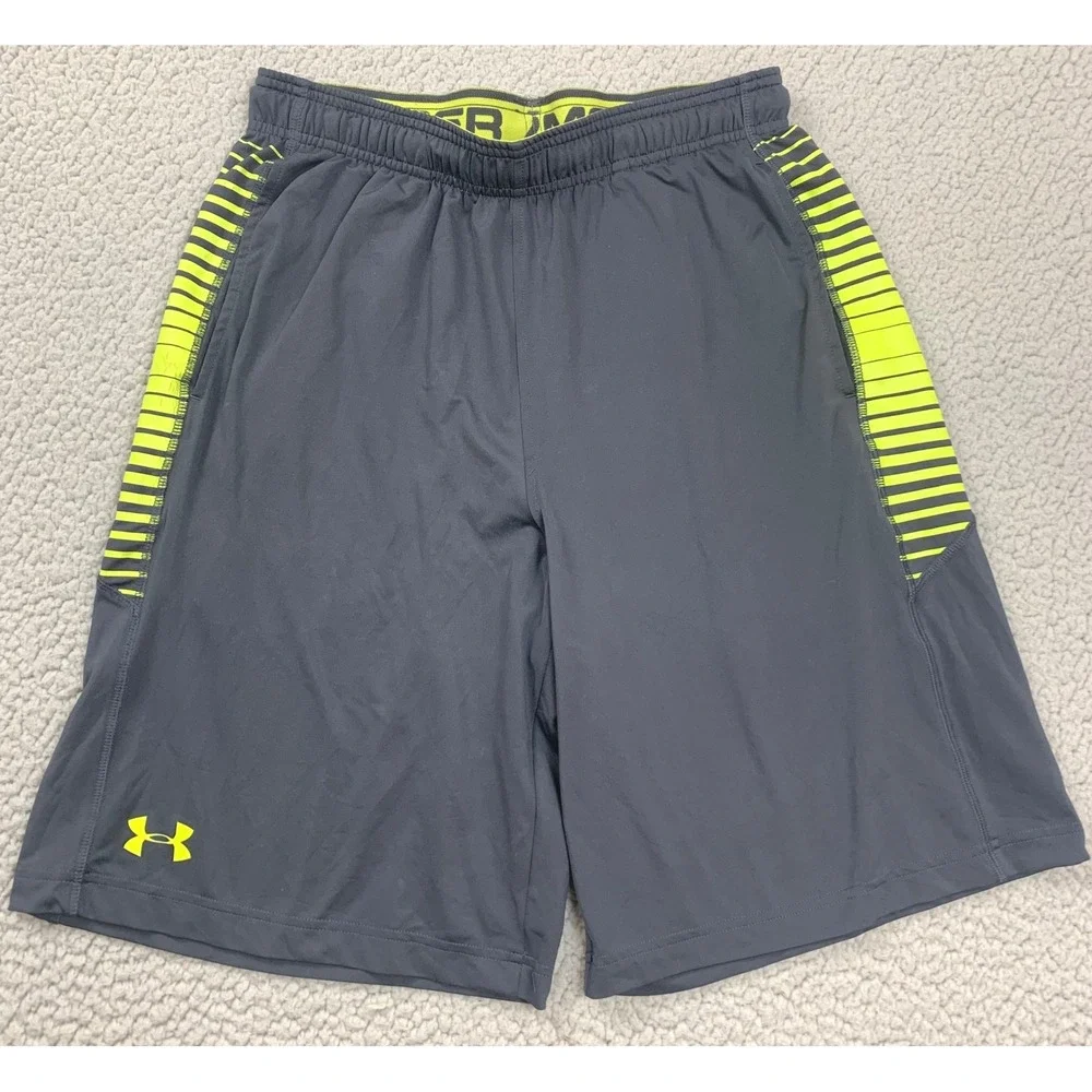Under‎ Armour Shorts Mens Medium Grey Neon Yellow HeatGear Loose Fit Athletic